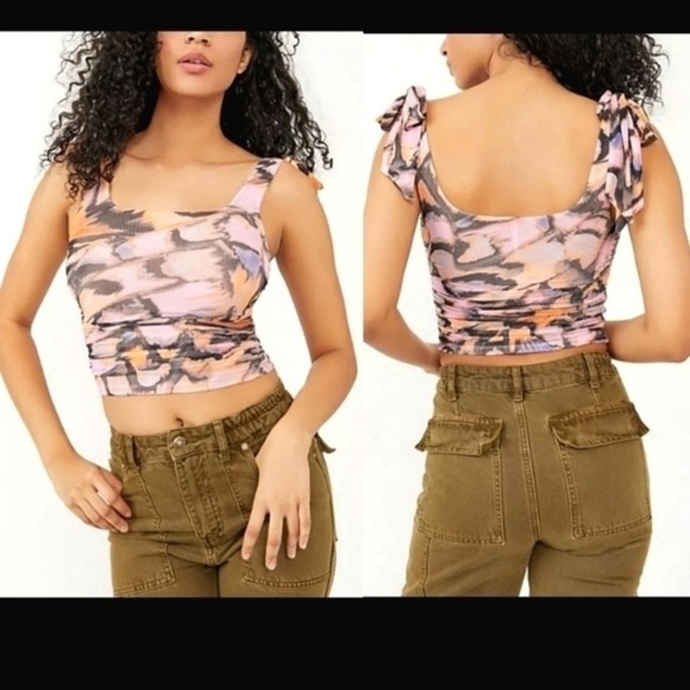 Free‎ People Mesh Butterfly Print Ruched Tie Shoulder Crop Top Pink Orange Med.